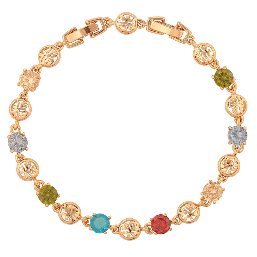 Браслет Xuping колір Позолота 18К "Китайські ієрогліфи з різнокольоровими кристалами" розмір з дод. замком 18.5,21см х 5-7мм фото №1