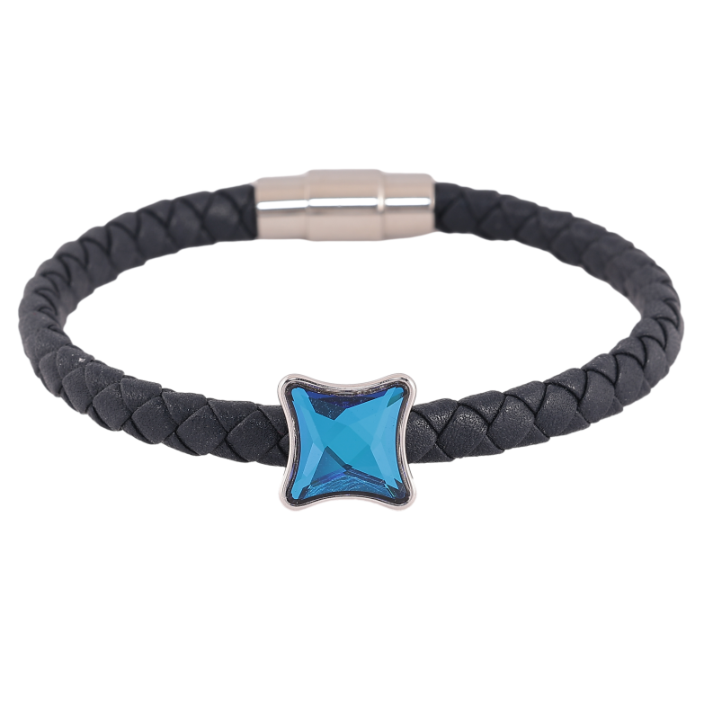 Браслет Xuping цвет Родий с кристаллами Swarovski "Кожаный черный шнур с кристаллом Metallic Blue" магнитная застежка длина 18,5см х 5мм фото №1