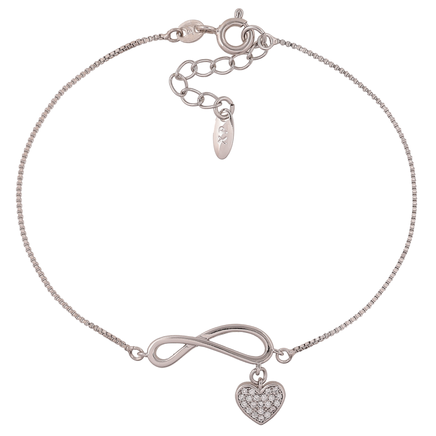 Браслет Xuping колір Родій "Ланцюжок із вставкою знак нескінченності та підвіскою серця" довжина з дод. ланцюжком 18.5-21см х 1-6мм фото №1