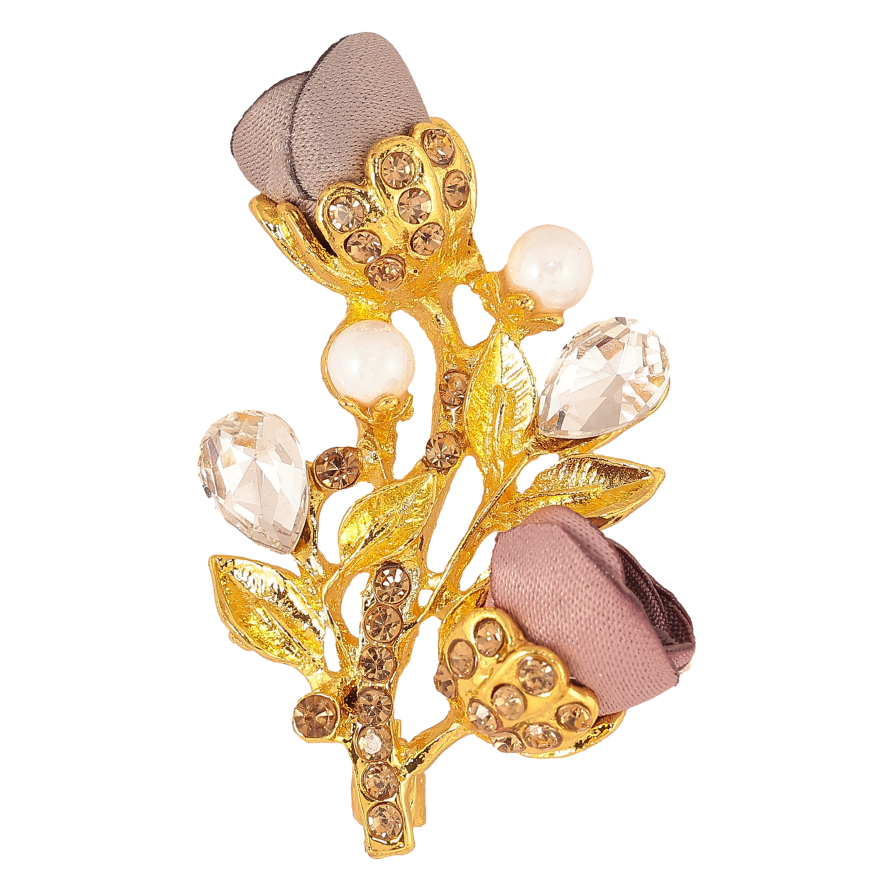 Брошка "Гілочка з бежево-сірими квіточками, стразами та перлинами" фото №1 Брошка "Гілочка з бежево-сірими квіточками, стразами та перлинами" фото №1