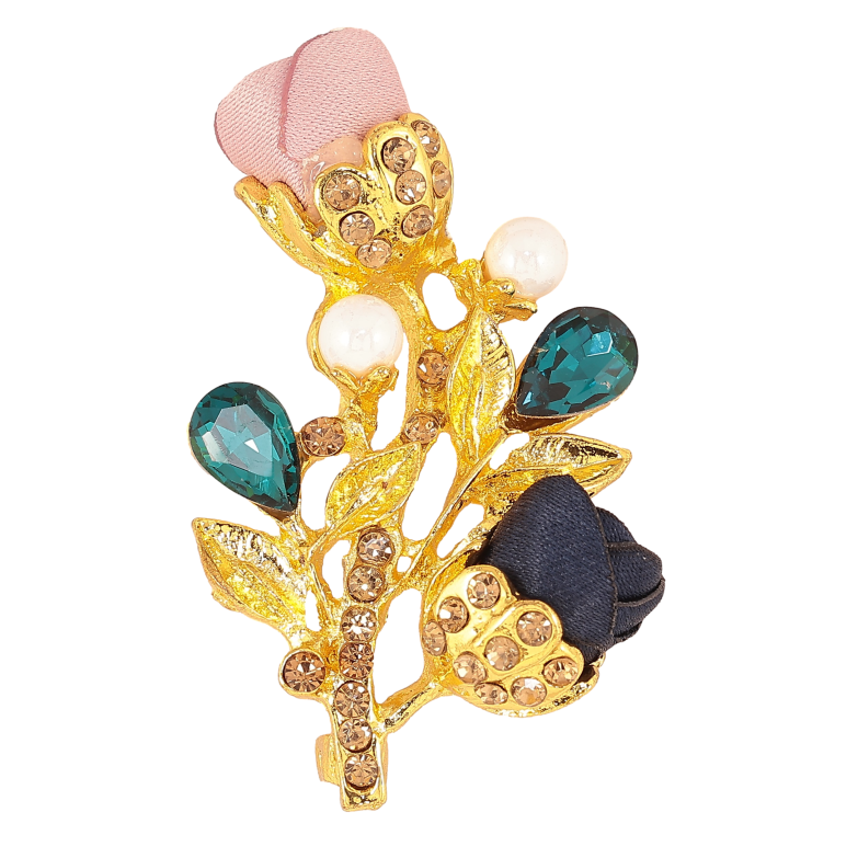 Брошка "Гілочка з синьо-рожевими квіточками, стразами та перлинами" фото №1 Брошка "Гілочка з синьо-рожевими квіточками, стразами та перлинами" фото №1