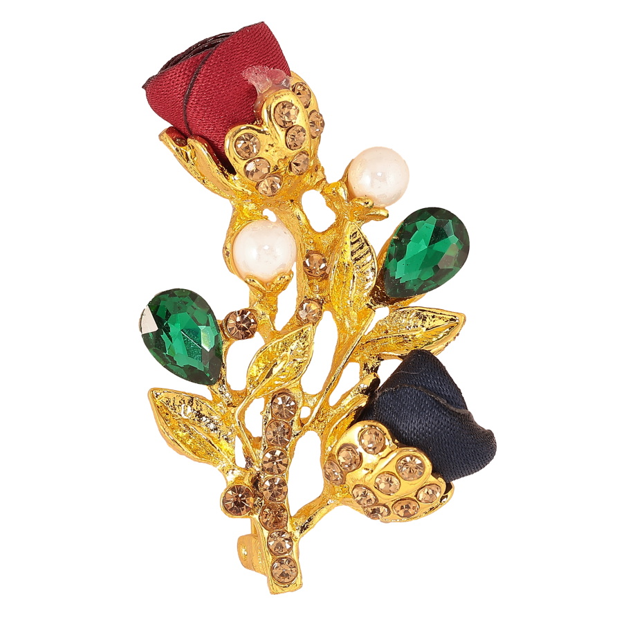 Брошка "Гілочка з червоно-синіми квіточками, стразами та перлинами" фото №1