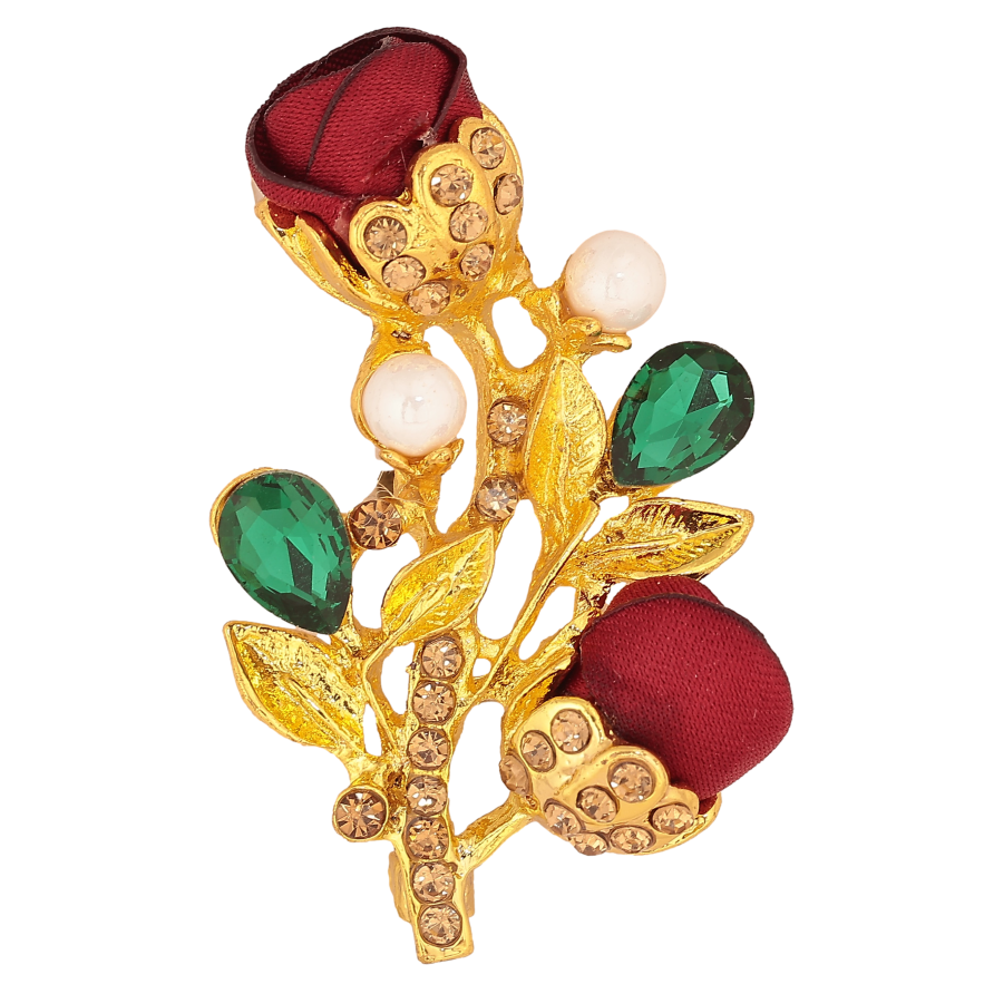 Брошка "Гілочка з червоними квіточками, стразами та перлинами" фото №1