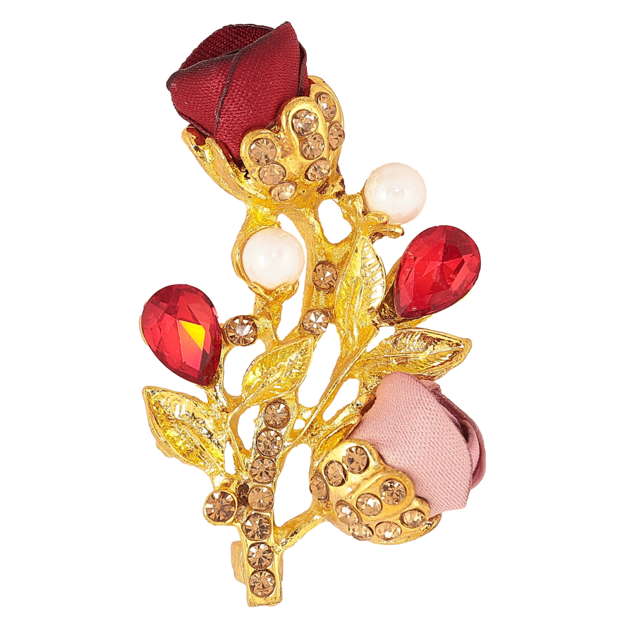 Брошка "Гілочка з червоно-рожевими квіточками, стразами та перлинами" фото №1 Брошка "Гілочка з червоно-рожевими квіточками, стразами та перлинами" фото №1