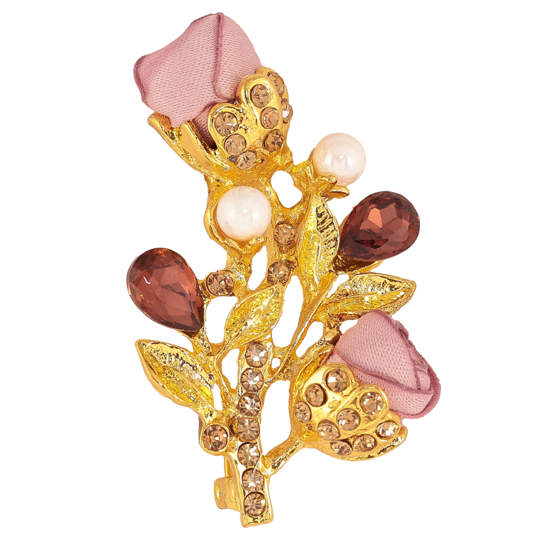 Брошь "Веточка с розовыми цветочками, стразами и жемчужинами" фото №1