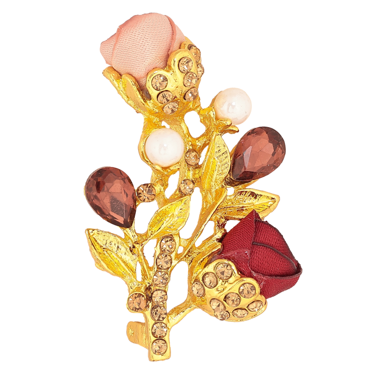 Брошка "Гілочка з рожево-червоними квіточками, стразами та перлинами" фото №15