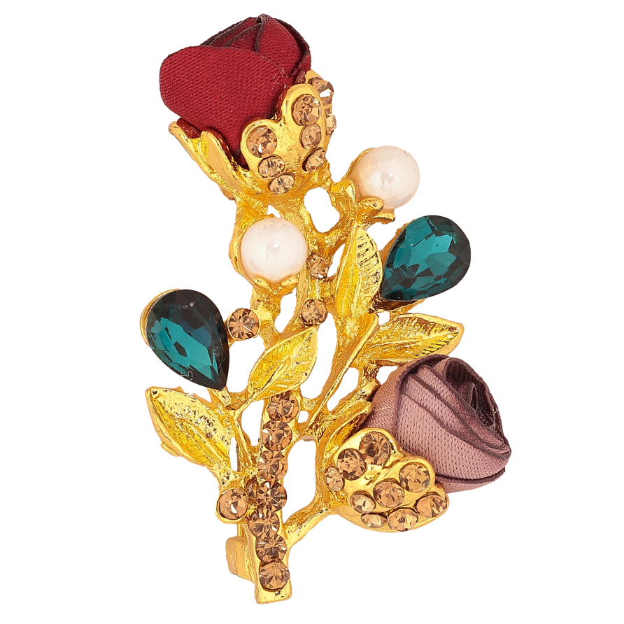 Брошка "Гілочка з червоно-бежевими квіточками, стразами та перлинами" фото №1 Брошка "Гілочка з червоно-бежевими квіточками, стразами та перлинами" фото №1