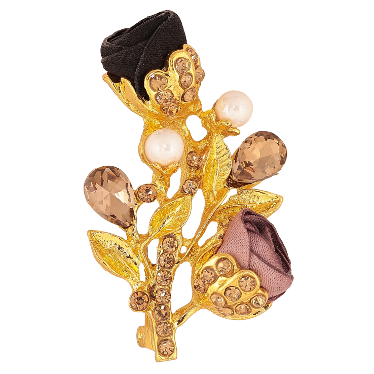 Брошка "Гілочка з чорно-бежевими квіточками, стразами та перлинами" фото №20