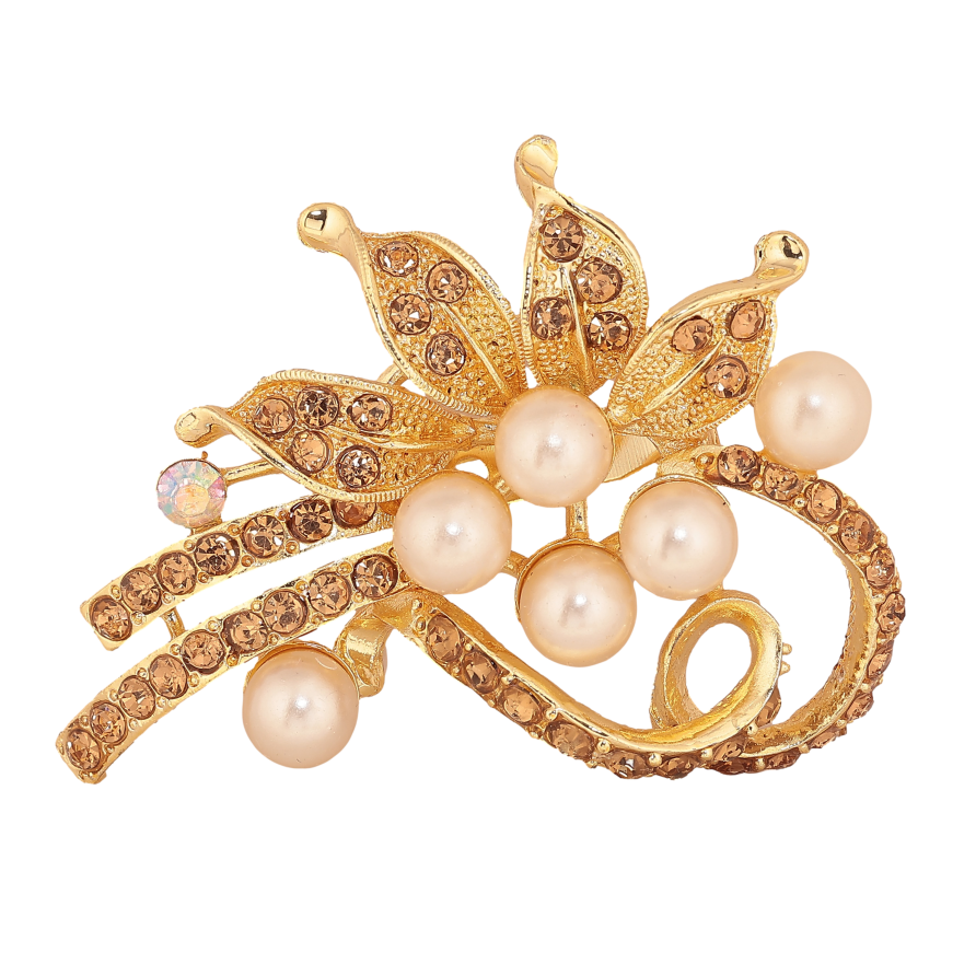 Брошка "Квіткова композиція із золотистими стразами та перлинами" фото №1 Брошка "Квіткова композиція із золотистими стразами та перлинами" фото №1