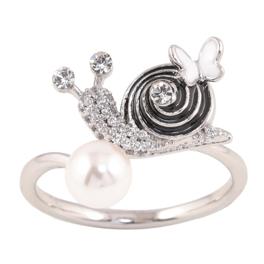 Каблучка Xuping колір родій равлик з перлиною, кристалами та чорною емаллю фото №1