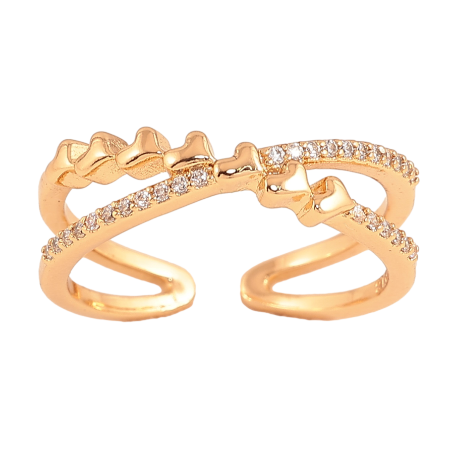 Каблучка Xuping колір Позолота 18K "Візерунок з сердечками і кристалами" фото №1 Каблучка Xuping колір Позолота 18K "Візерунок з сердечками і кристалами" фото №1