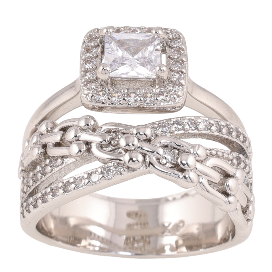 Каблучка Xuping колір родій подвійний візерунок ланцюжок з кристалами фото №1 Каблучка Xuping колір родій подвійний візерунок ланцюжок з кристалами фото №1