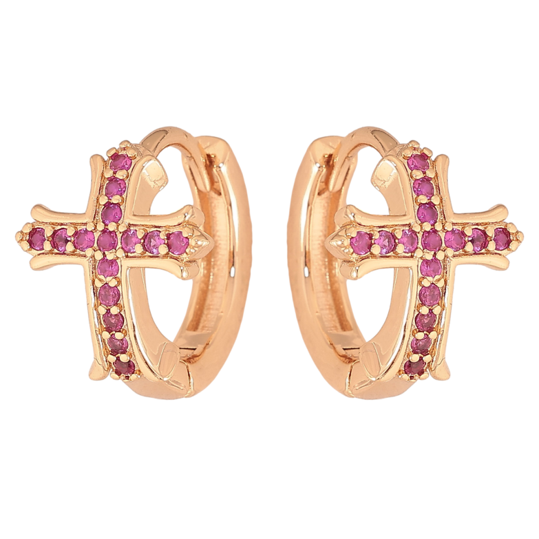 Серьги Xuping M&L цвет 18K колечки "Крестики с малиновыми кристаллами" фото №6