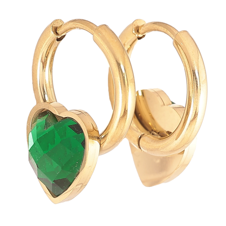 Серьги Xuping TTM Stainless Steel цвет 14К колечки "Зеленые кристальные сердечки" фото №1