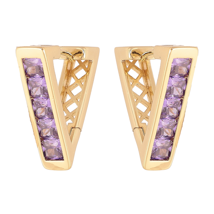 Сережки Xuping колір Позолота 14K колечка "Трикутники з доріжками бузкових кристалів" фото №6