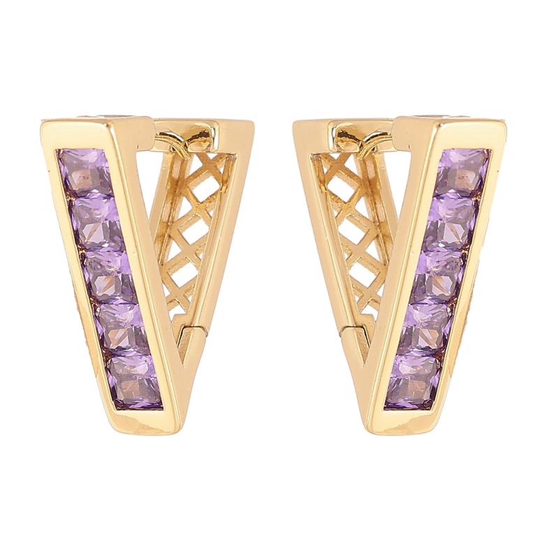 Серьги Xuping цвет Позолота 14K колечки "Треугольники с дорожками сиреневых кристаллов" фото №1