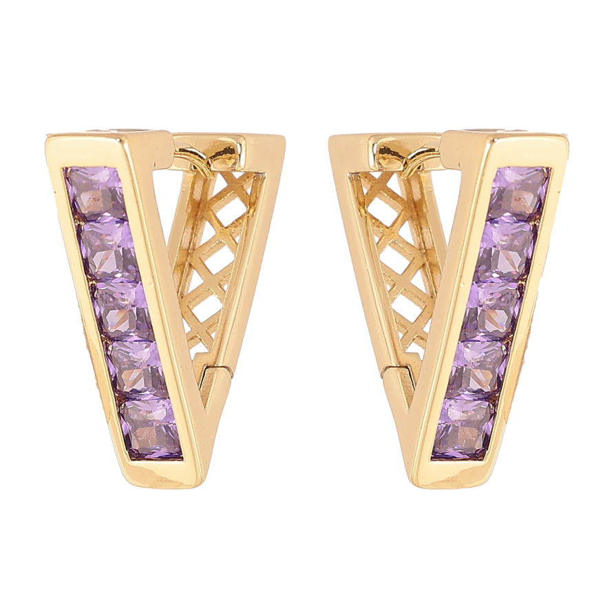 Сережки Xuping колір Позолота 14K колечка "Трикутники з доріжками бузкових кристалів" фото №1