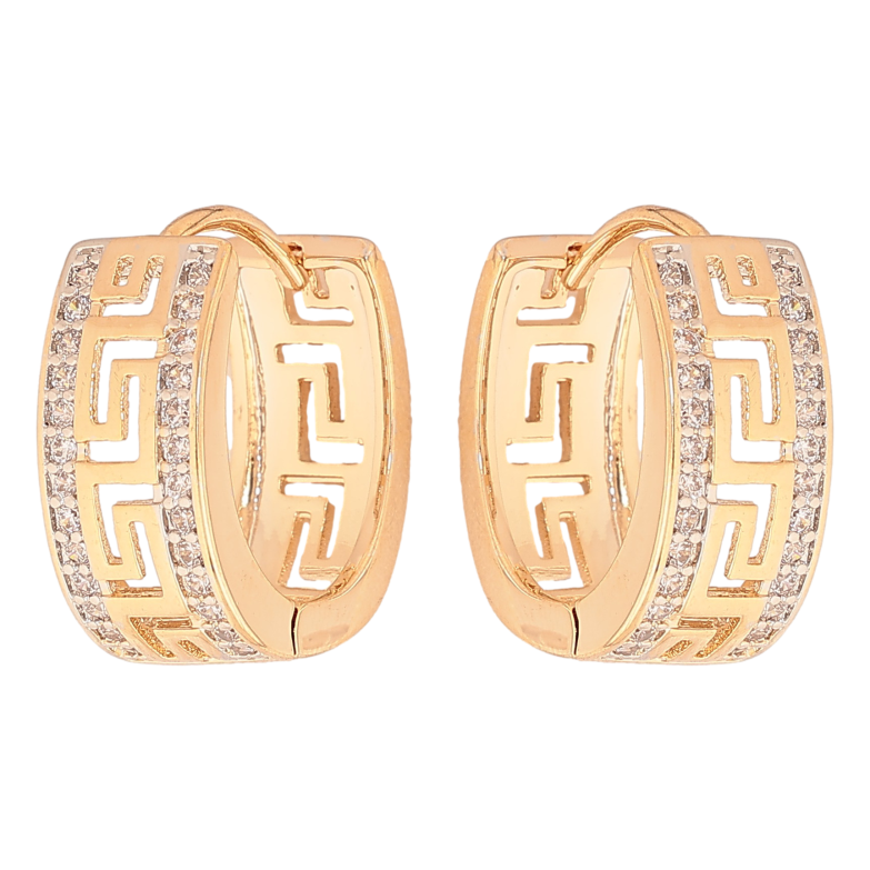 Серьги Xuping цвет Позолота 18K + Родий колечки "Меандровая линия с дорожками кристаллов" фото №1