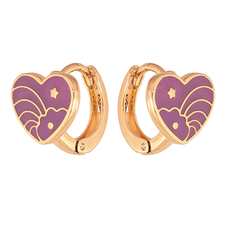 Сережки Xuping колір Позолота 18К колечка "Сердечки з візерунком бузковою емаллю" фото №24 Сережки Xuping колір Позолота 18К колечка "Сердечки з візерунком бузковою емаллю" фото №24