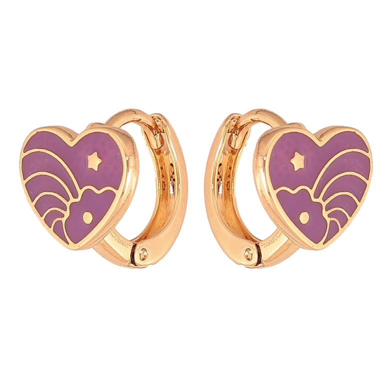 Сережки Xuping колір Позолота 18К колечка "Сердечки з візерунком бузковою емаллю" фото №1