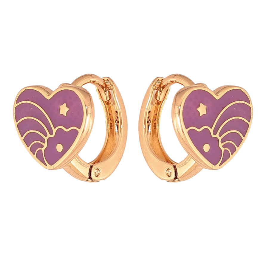 Серьги Xuping цвет Позолота 18К колечки "Сердечки с узором сиреневой эмалью" фото №1
