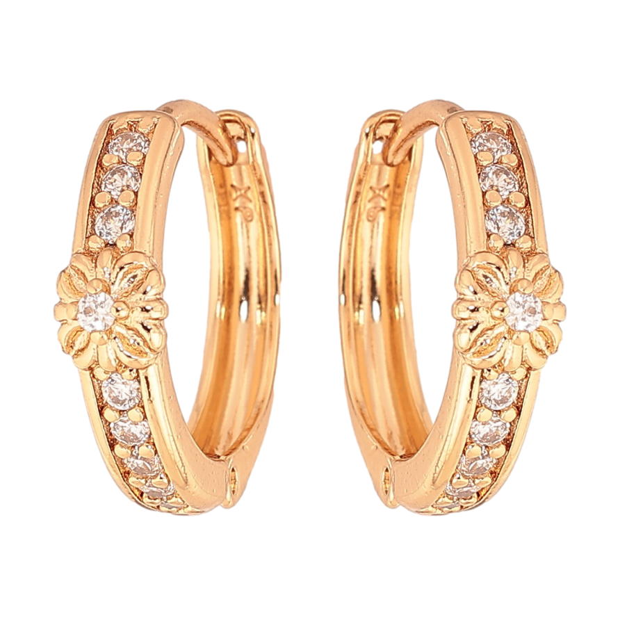 Серьги Xuping цвет Позолота 18К колечки "Дорожки кристаллов с цветочком" фото №1