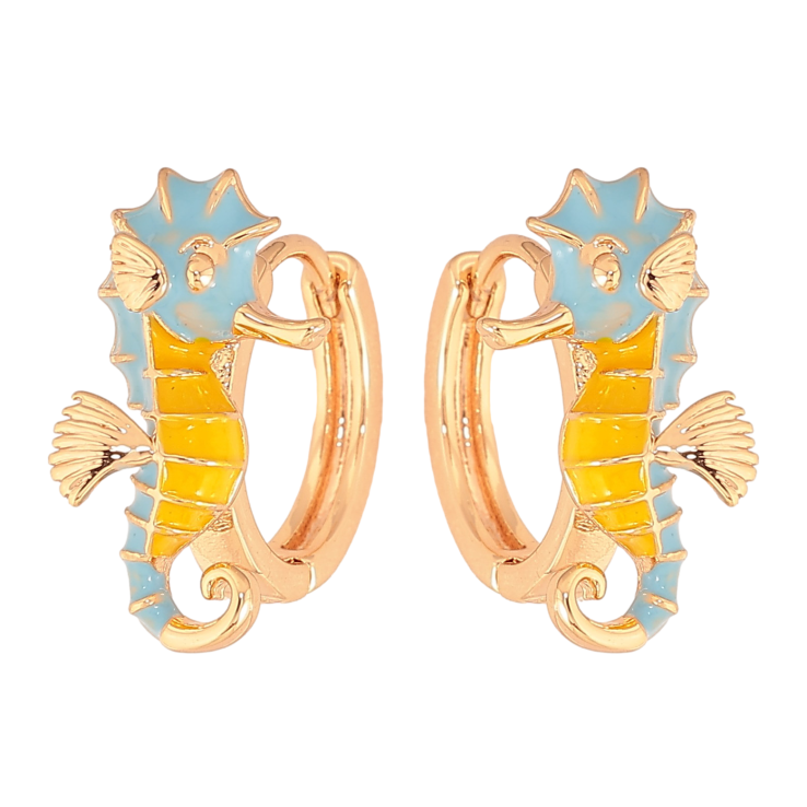Сережки Xuping колір Позолота 18К колечка "Морський коник з жовто-блакитною емаллю" фото №3