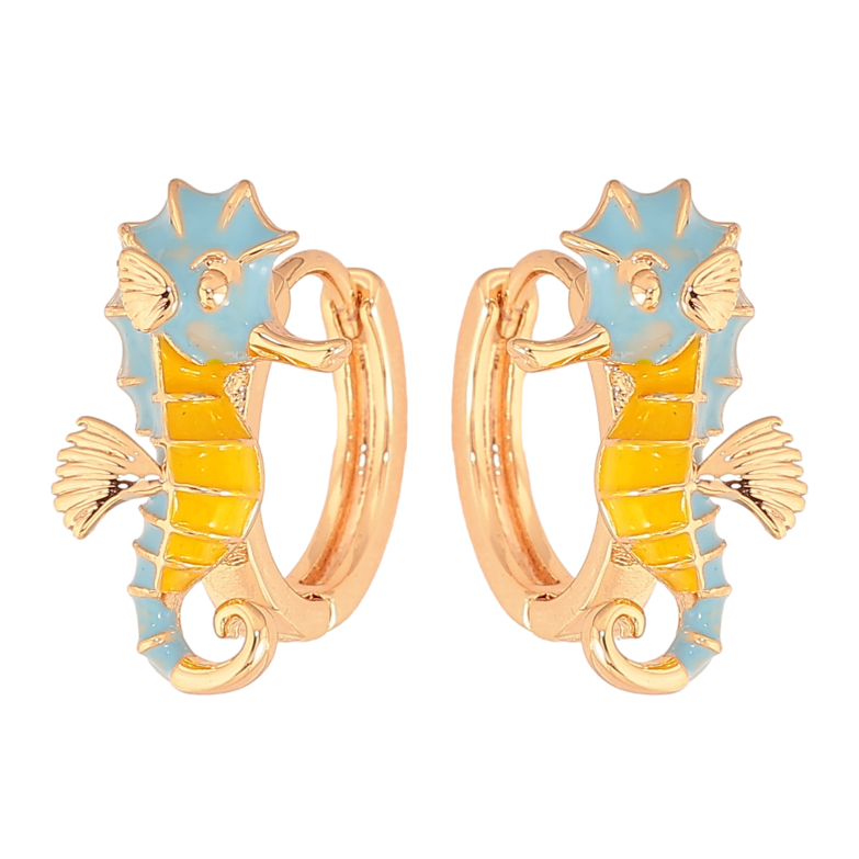 Сережки Xuping колір Позолота 18К колечка "Морський коник з жовто-блакитною емаллю" фото №1