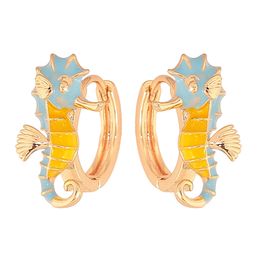 Сережки Xuping колір Позолота 18К колечка "Морський коник з жовто-блакитною емаллю" фото №1