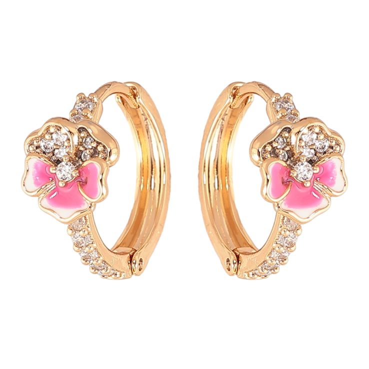 Серьги Xuping цвет позолота 18К колечки розовые цветочки с эмалью и кристаллами фото №24