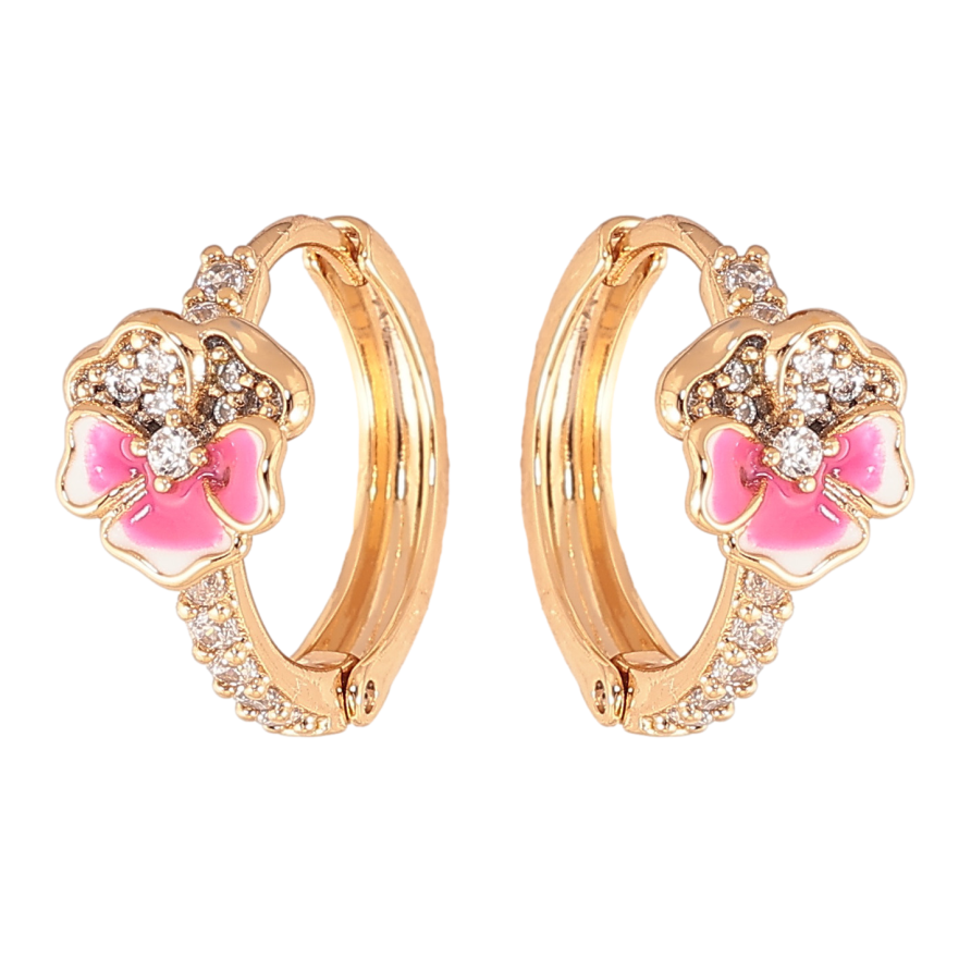 Серьги Xuping цвет позолота 18К колечки розовые цветочки с эмалью и кристаллами фото №1