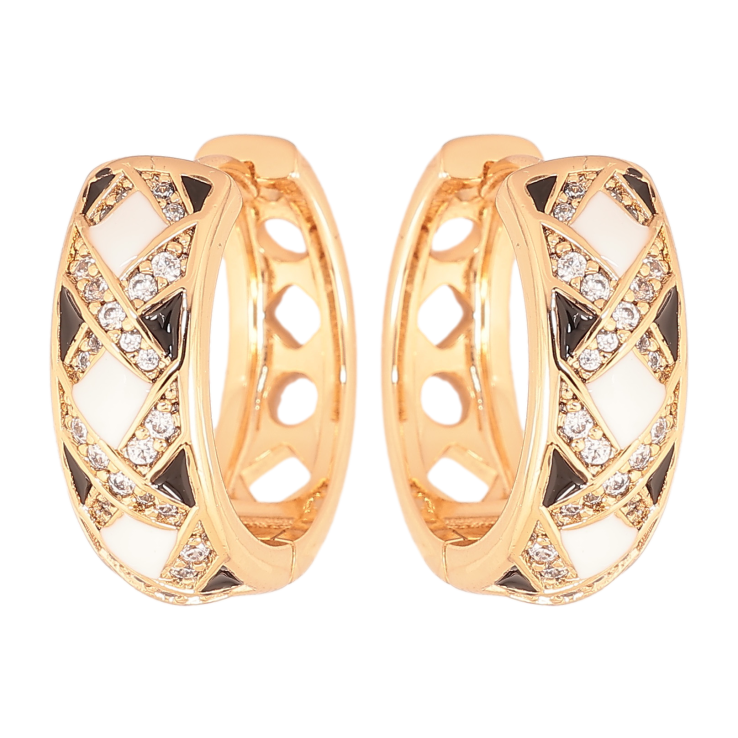 Серьги Xuping цвет позолота 18К колечки узор черно-белой эмалью и кристаллами фото №23