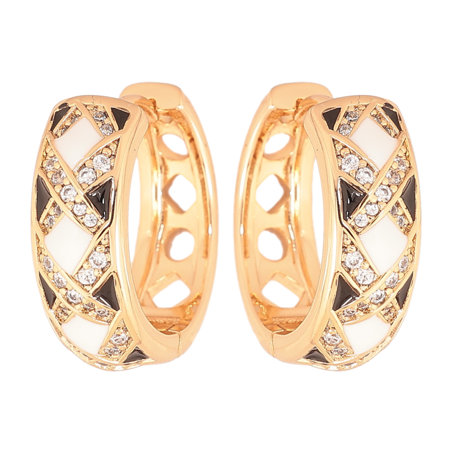 Сережки Xuping колір позолота 18К колечка візерунок чорно-білої емаллю та кристалами фото №1