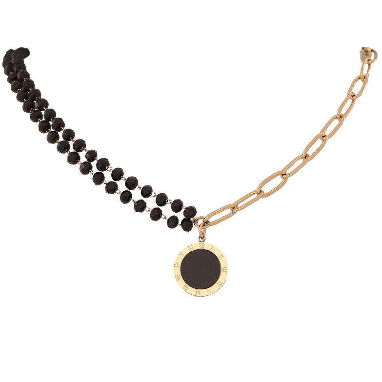 Колье Xuping ТТМ Stainless Steel цвет 14К "Черные бусы с цепочкой и подвеской циферблат" длина 45-50см х 5-7мм фото №1
