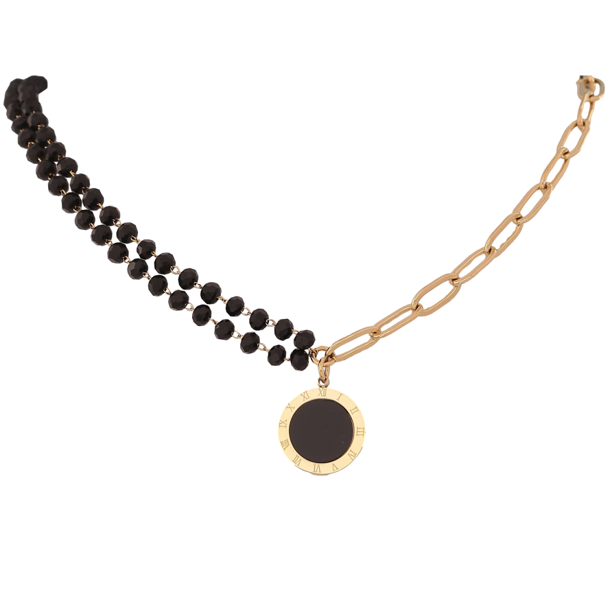 Кольє Xuping ТТМ Stainless Steel колір 14К "Чорне намисто з ланцюжком та підвіскою циферблат" довжина 45-50см х 5-7мм фото №1