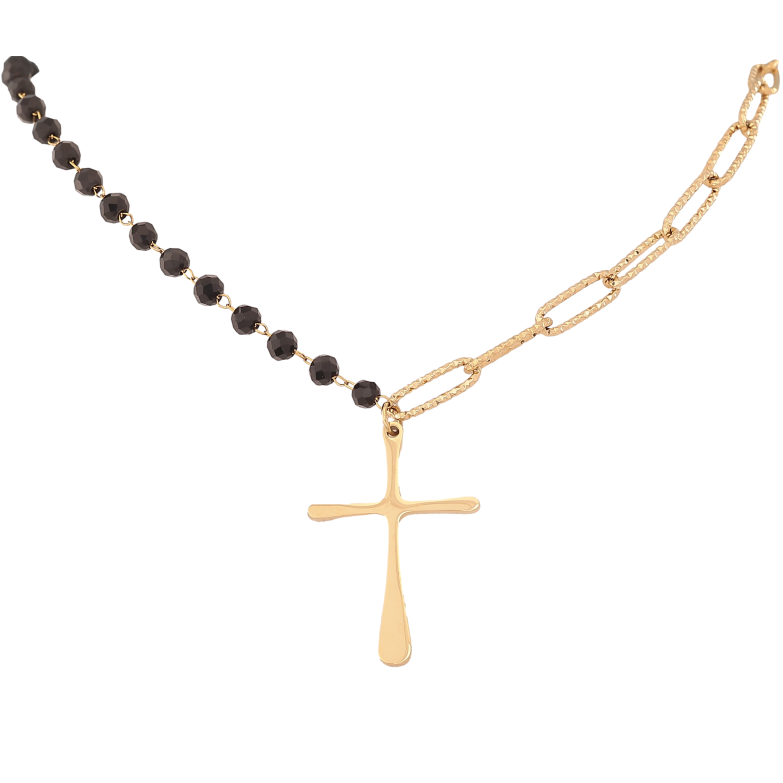 Кольє Xuping ТТМ Stainless Steel колір 14К "Чорні намистини з ланцюжком, підвіска хрест" довжина 46-51см х 4мм фото №1