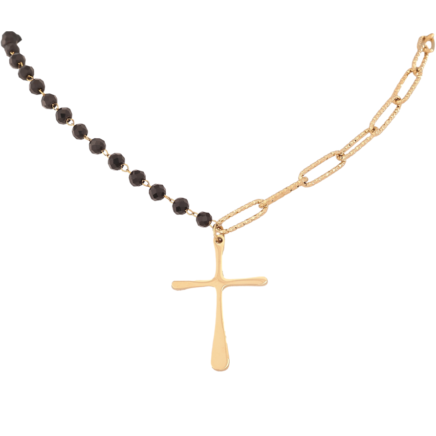 Кольє Xuping ТТМ Stainless Steel колір 14К "Чорні намистини з ланцюжком, підвіска хрест" довжина 46-51см х 4мм фото №1