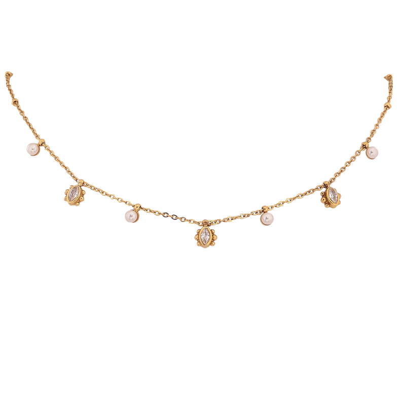 Колье Xuping ТТМ Stainless Steel цвет 14К "Цепочка с кристальными и жемчужными подвесками" длина 40-46см х 1-2мм фото №1