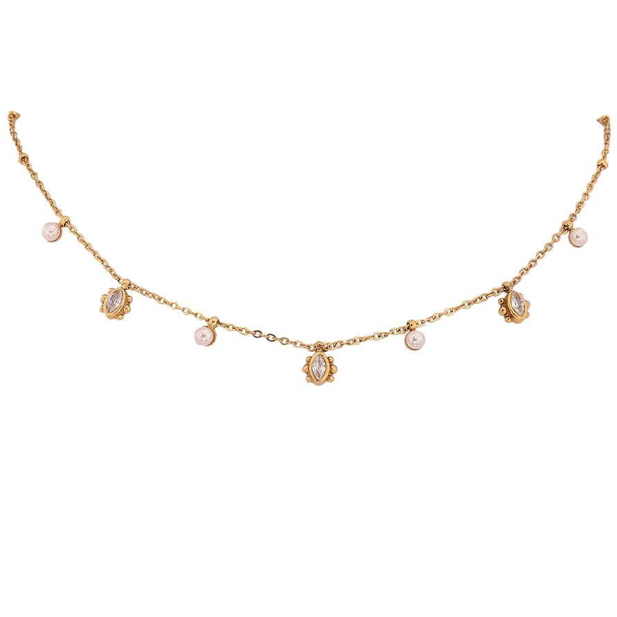 Кольє Xuping ТТМ Stainless Steel колір 14К "Ланцюжок з кристальними та перлинними підвісками" довжина 40-46см х 1-2мм фото №1