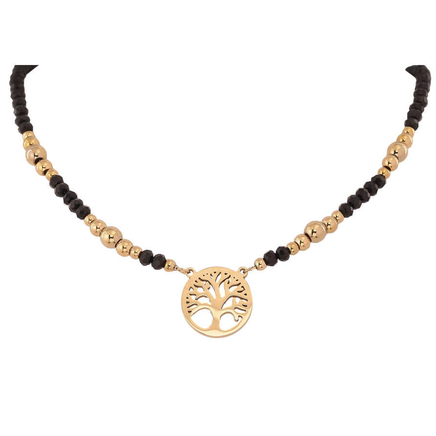 Кольє Xuping ТТМ Stainless Steel колір 14К "Чорно-золотисті намистини та підвіска дерево життя" довжина 45-50см х 3-5мм фото №1