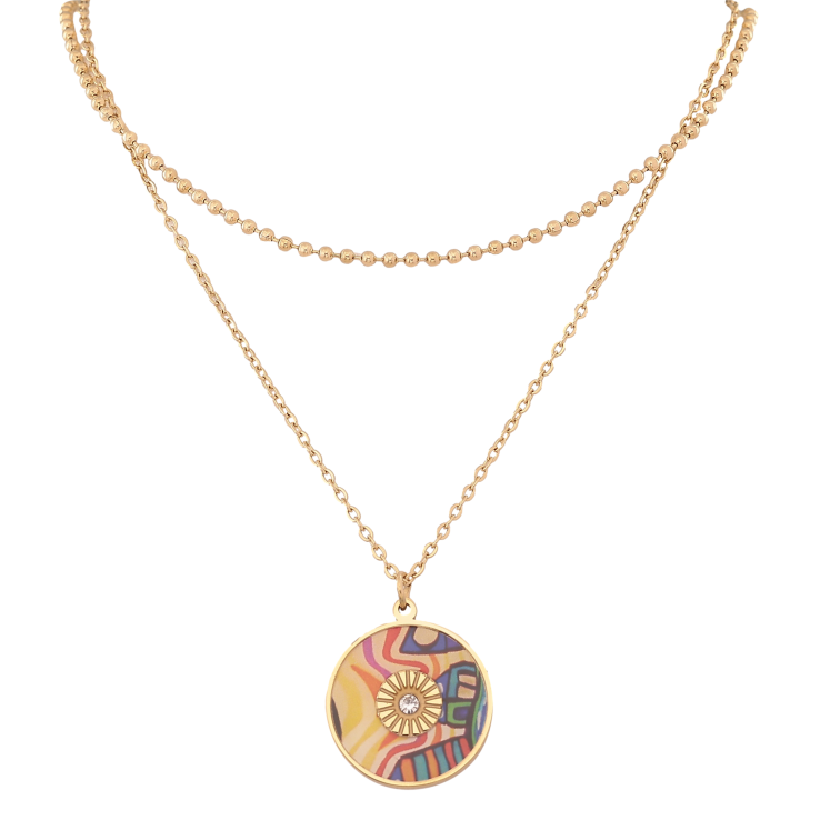 Кольє Xuping ТТМ Stainless Steel колір 14К "Подвійний ланцюжок з кольоровою підвіскою" довжина 42-47см х 2мм фото №3 Кольє Xuping ТТМ Stainless Steel колір 14К "Подвійний ланцюжок з кольоровою підвіскою" довжина 42-47см х 2мм фото №3