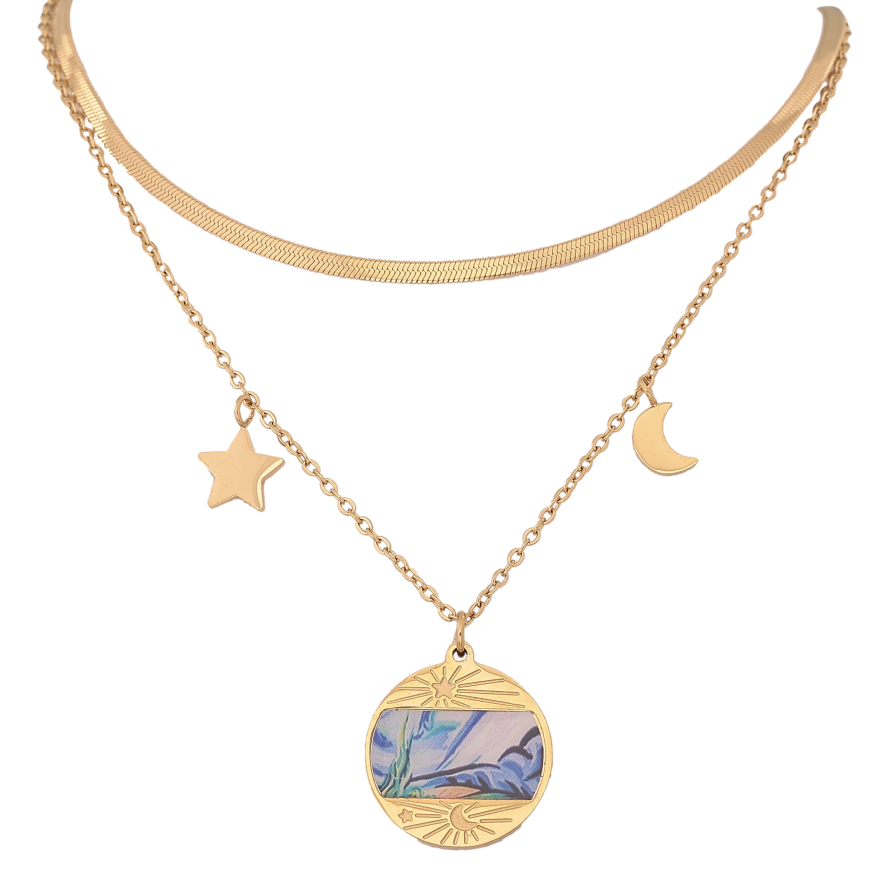 Кольє Xuping ТТМ Stainless Steel колір 14К "Подвійний ланцюжок з підвісками" довжина 41-46см х 1.5-2мм фото №1 Кольє Xuping ТТМ Stainless Steel колір 14К "Подвійний ланцюжок з підвісками" довжина 41-46см х 1.5-2мм фото №1