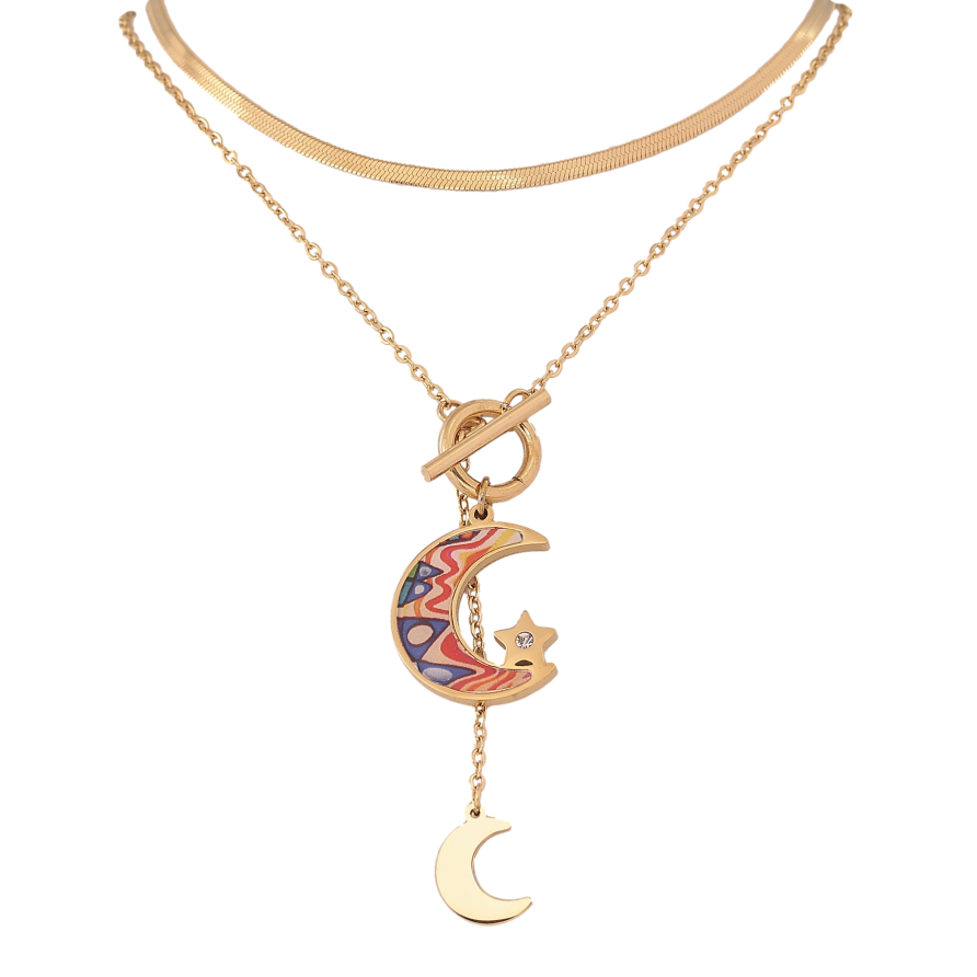 Кольє Xuping ТТМ Stainless Steel колір 14К "Подвійний ланцюжок з підвісками" довжина 41-46см х 1.5-2мм фото №1 Кольє Xuping ТТМ Stainless Steel колір 14К "Подвійний ланцюжок з підвісками" довжина 41-46см х 1.5-2мм фото №1