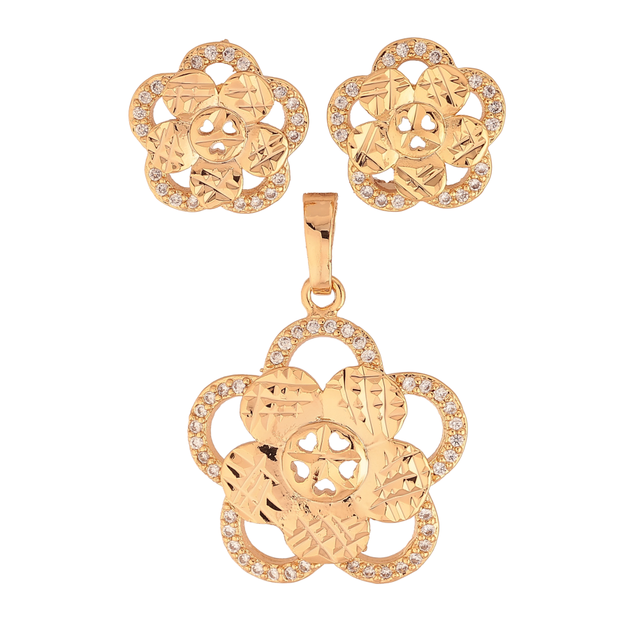 Набір Xuping колір Позолота 18K Сережки Кулон "Квіточки з насічками та кристалами" фото №1 Набір Xuping колір Позолота 18K Сережки Кулон "Квіточки з насічками та кристалами" фото №1