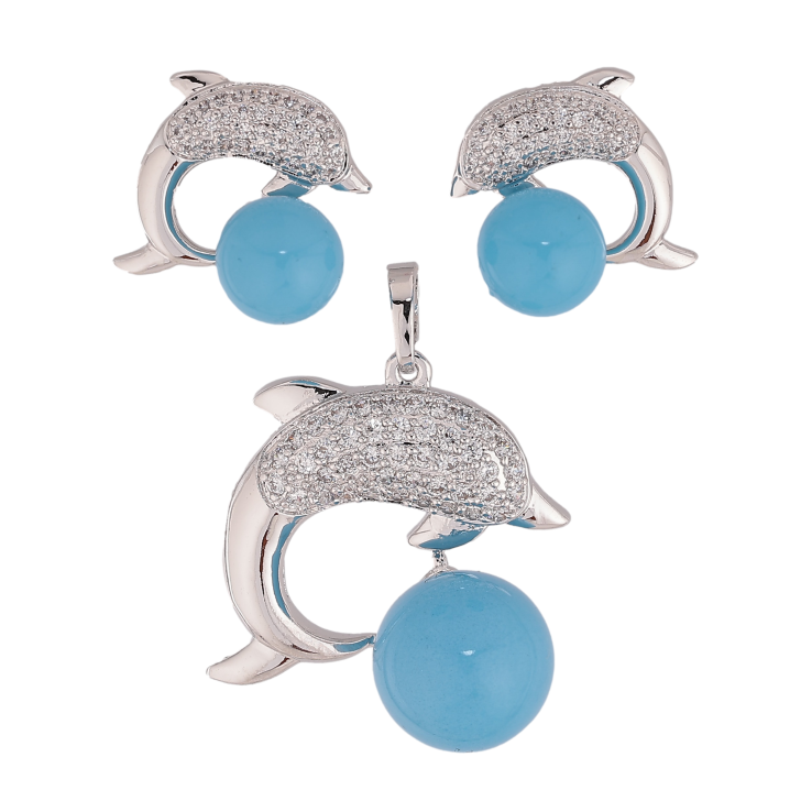 Набір Xuping Родій Сережки Кулон Дельфін з Блакитною Бусиною фото №7 Набір Xuping Родій Сережки Кулон Дельфін з Блакитною Бусиною фото №7