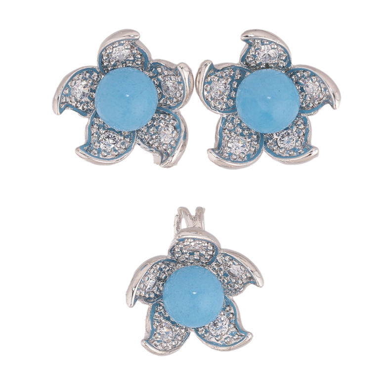 Набір Xuping колір Родій Сережки Кулон "Квітка з блакитною намистиною" фото №1 Набір Xuping колір Родій Сережки Кулон "Квітка з блакитною намистиною" фото №1