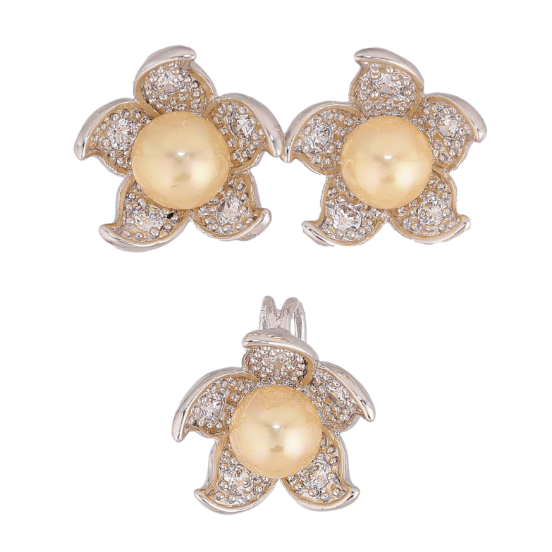 Набір Xuping колір Родій Сережки Кулон "Квіточки з жовтими перлинами" фото №3 Набір Xuping колір Родій Сережки Кулон "Квіточки з жовтими перлинами" фото №3