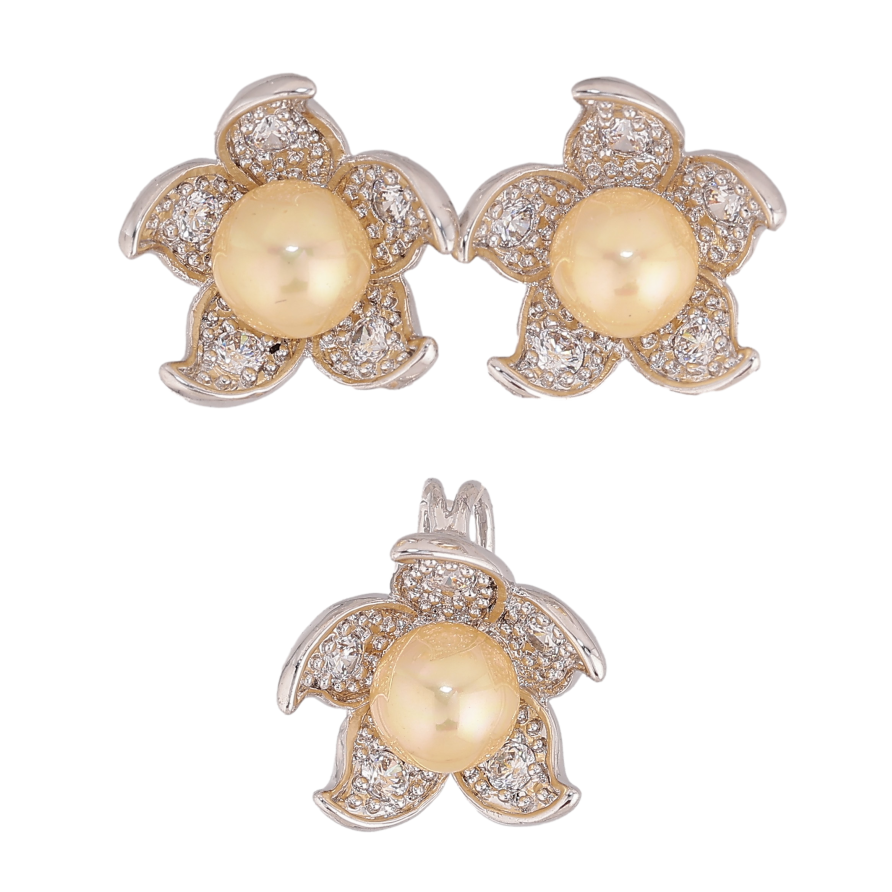 Набір Xuping колір Родій Сережки Кулон "Квіточки з жовтими перлинами" фото №1 Набір Xuping колір Родій Сережки Кулон "Квіточки з жовтими перлинами" фото №1