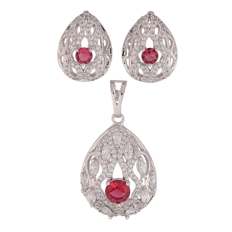 Набір Xuping колір Родій Сережки Кулон "Ажурна крапля з чевоними кристалами" фото №1