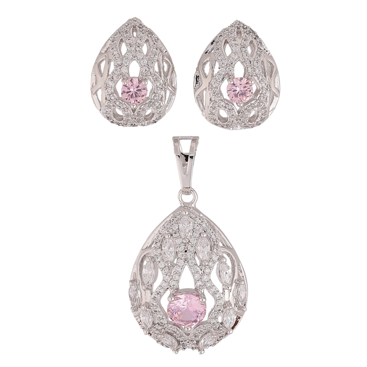 Набір Xuping колір Родій Сережки Кулон "Ажурна крапля з рожевими кристалами" фото №5